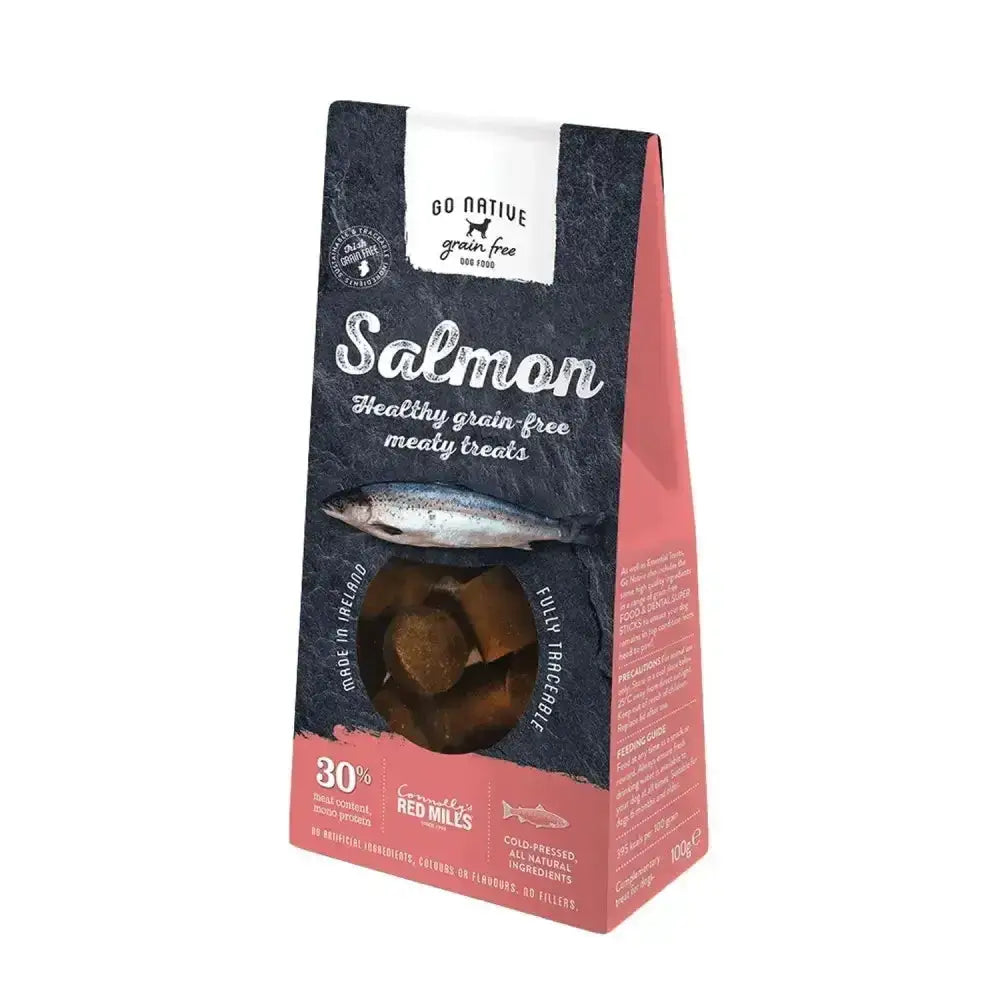 A dark blue and coral go native essentials grain-free salmon treats bag for dogs with a clear window showing meaty snacks perfect for fun owner dog relationship
