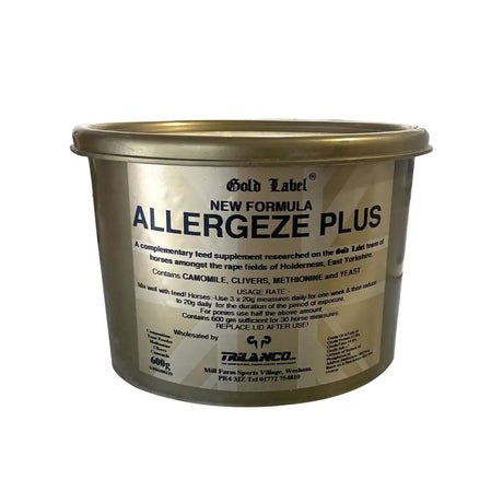 Gold label allergeze plus 600g horse vitamins in a gold container with metallic lid featuring natural combination formula