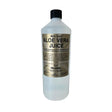 A clear plastic bottle of gold label aloe vera juice with a black cap promoting a healthy digestive tract contains 1 liter