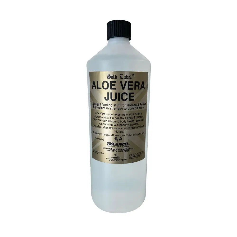 A clear plastic bottle of gold label aloe vera juice with a black cap promoting a healthy digestive tract contains 1 liter