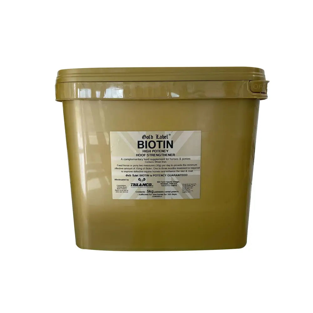 Olive green plastic bucket of gold label biotin high potency hoof strengthening horse supplements with red sale sticker