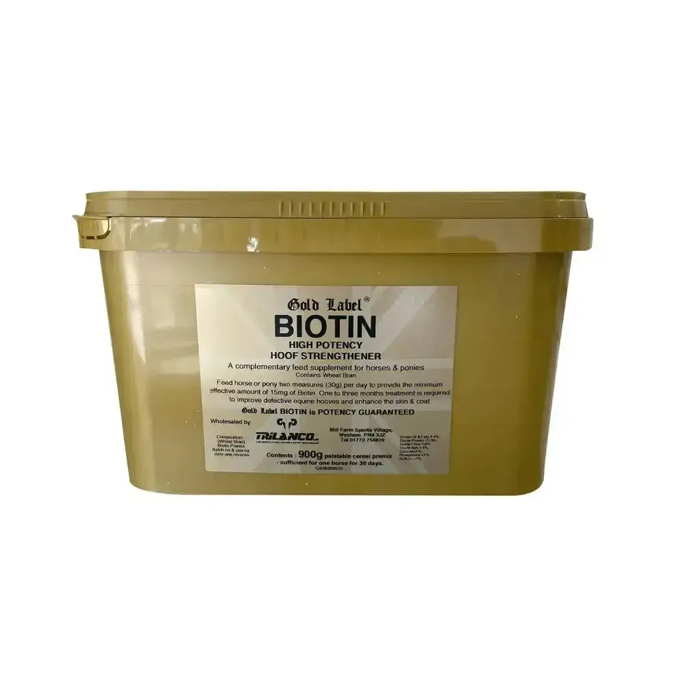 Olive-green plastic container of gold label biotin high potency hoof strengthener horse supplement for pure biotin results