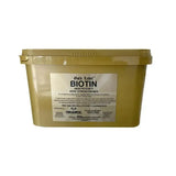 Olive-green plastic container of gold label biotin high potency hoof strengthener horse supplement for pure biotin results