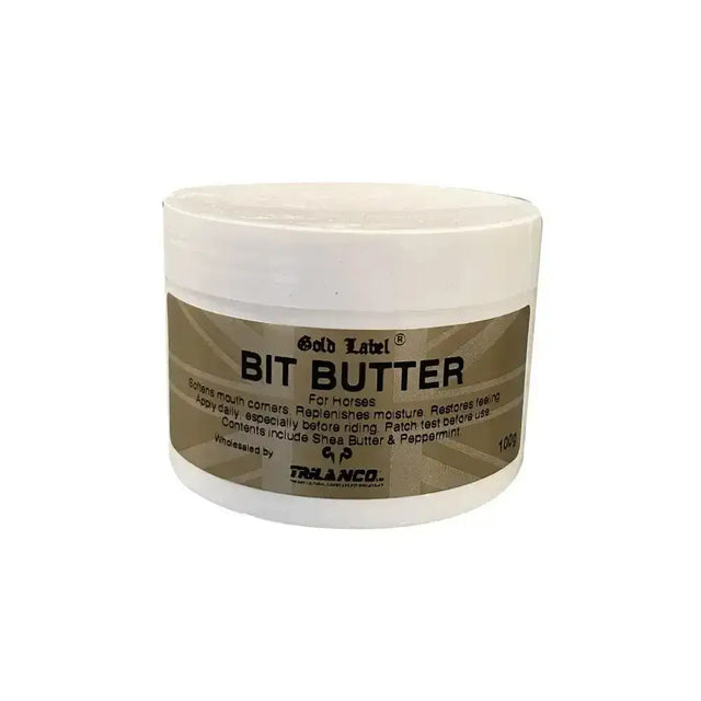 White plastic jar of gold label bit butter softens mouth for horses with brown and black label bit butter softens text