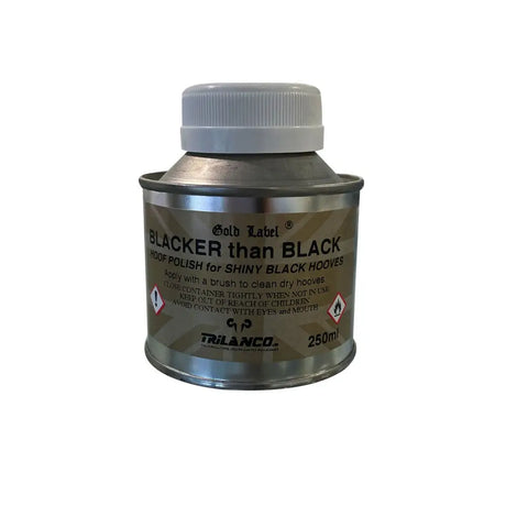 Silver can of gold label blacker than black rapid drying black hoof varnish for shiny black hooves 250ml