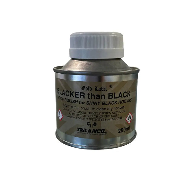 Silver can of gold label blacker than black rapid drying black hoof varnish for shiny black hooves 250ml