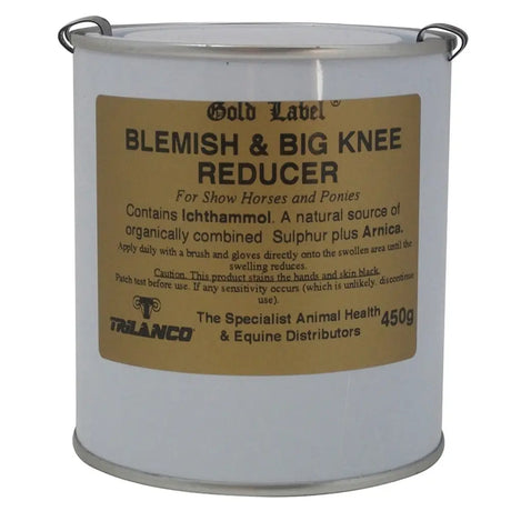 White metal can with tan label and black text branded as talanco gold label blemish and big knee application natural source