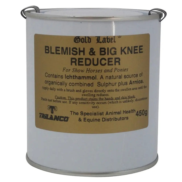 White metal can with tan label and black text branded as talanco gold label blemish and big knee application natural source