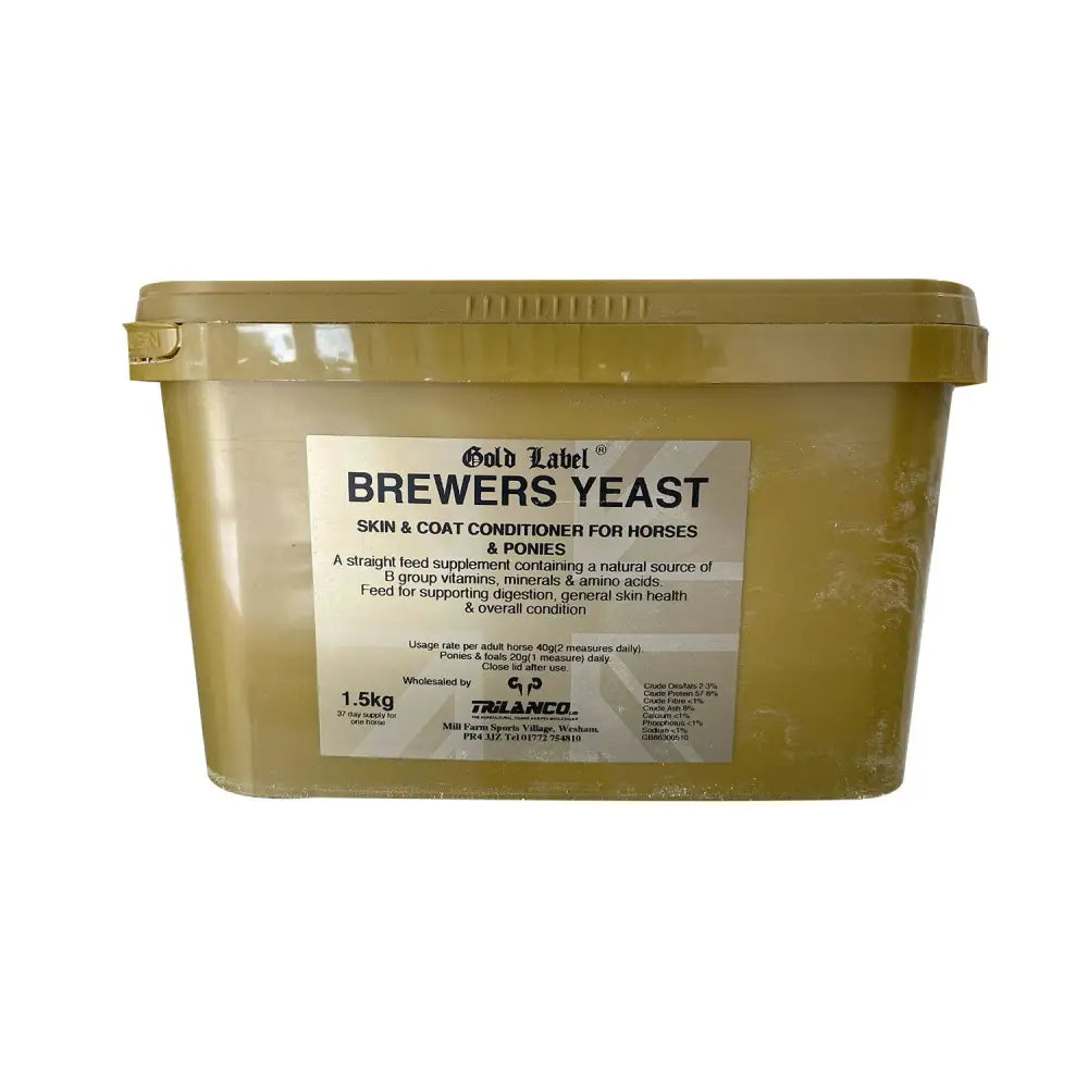 A 1.5kg tan plastic tub of gold label brewers yeast with valuable b group vitamins for horse skin and coat health