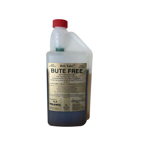 A 1 liter transparent plastic bottle with red cap and beige gold label bute free containing dark liquid for horses and ponies