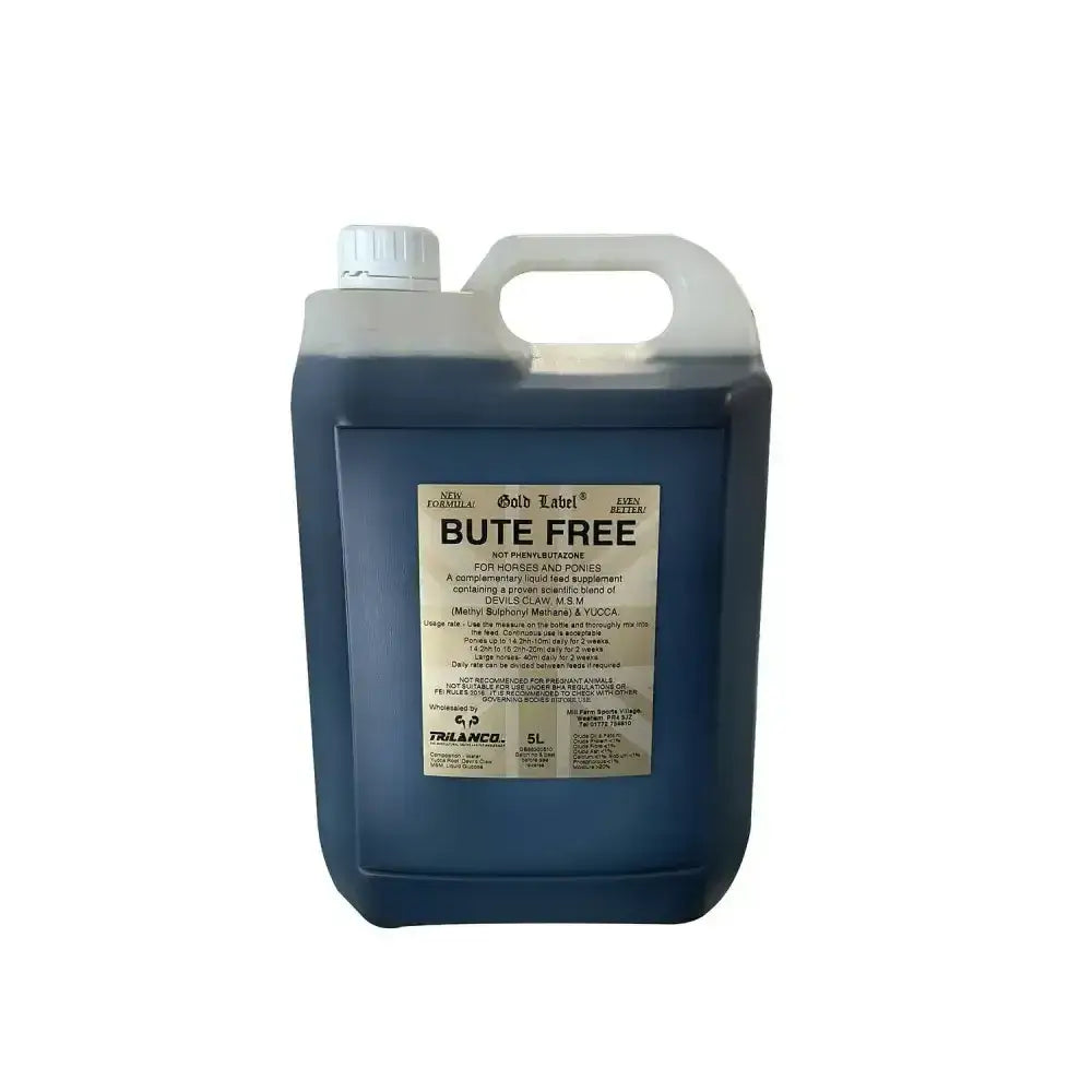 Blue plastic jug with white handle and cap labeled bute free gold label bute with three proven natural ingredients
