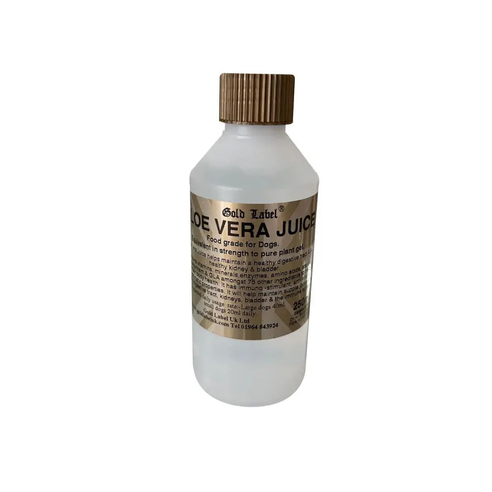 A translucent white plastic bottle with a ribbed gold cap and a brown gold label canine aloe vera juice for dogs