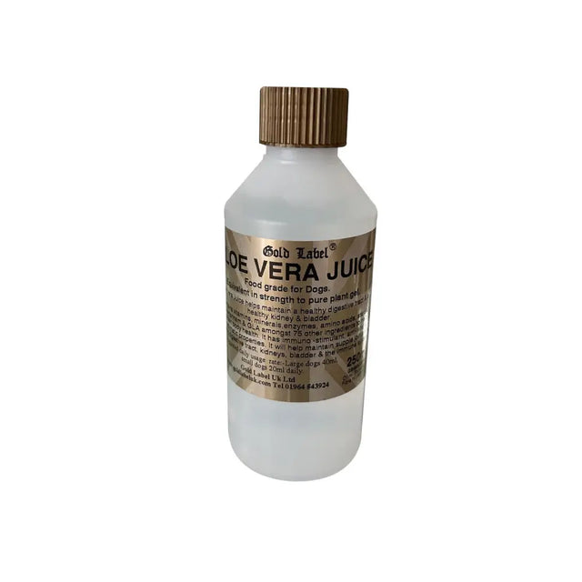 A translucent white plastic bottle with a ribbed gold cap and a brown gold label canine aloe vera juice for dogs