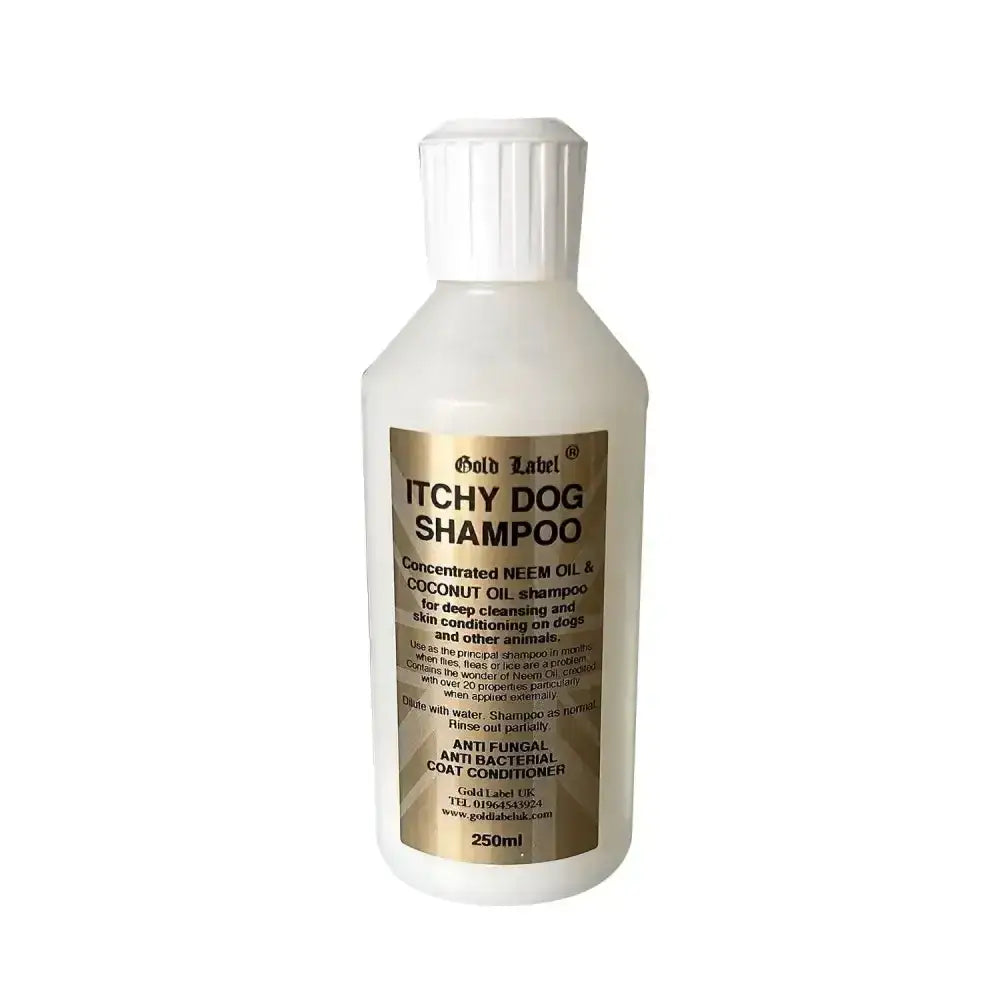 White plastic bottle of gold label canine itchy dog shampoo with gold label and white cap for sensitive skin care