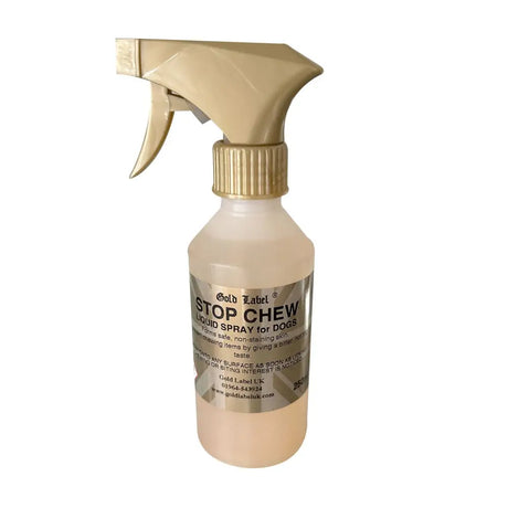 Gold label canine stop chew spray in a translucent bottle with gold trigger and cap to deter dogs from chewing