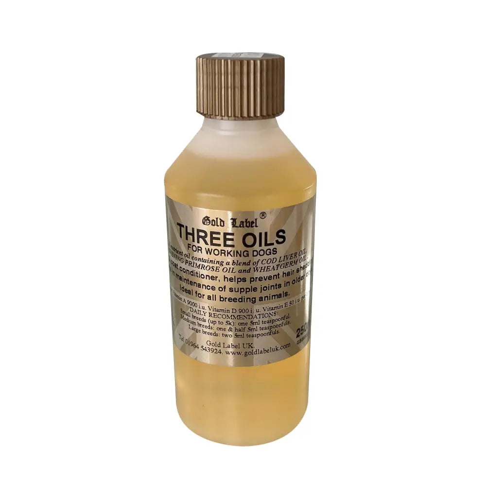 Gold label canine three oils 250ml transparent bottle with bronze cap and silver label containing cod liver oil