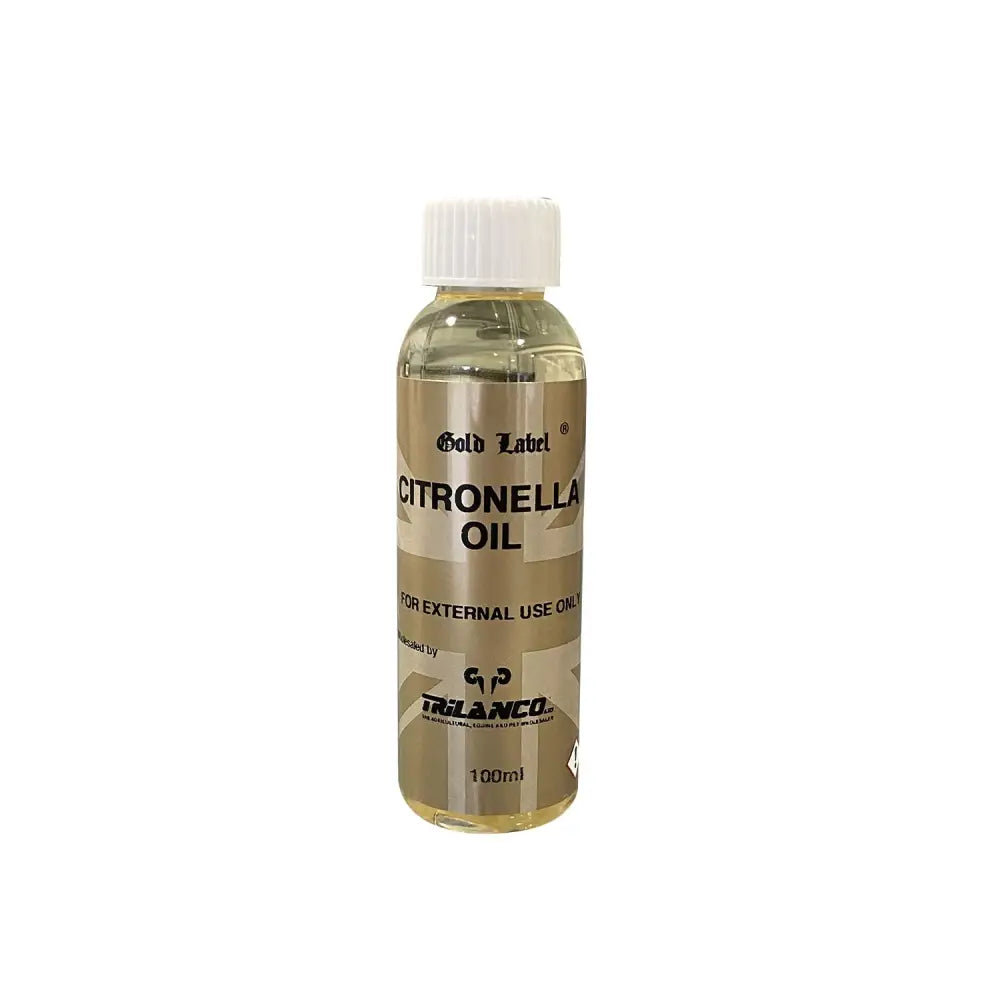 A clear glass bottle of trilanco gold label citronella oil with white cap containing 100ml pure citronella oil for horse grooming