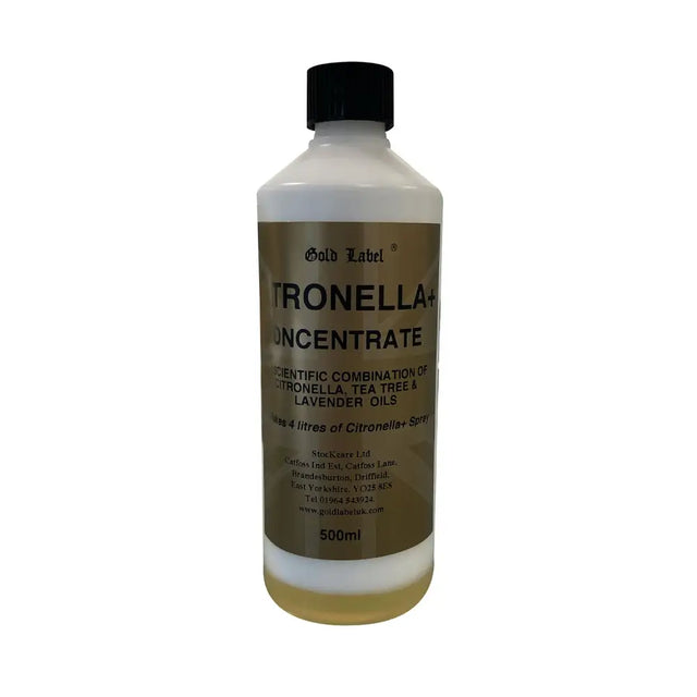 A 500ml white plastic bottle with black cap and gold label containing pale yellow gold label citronella spray concentrate
