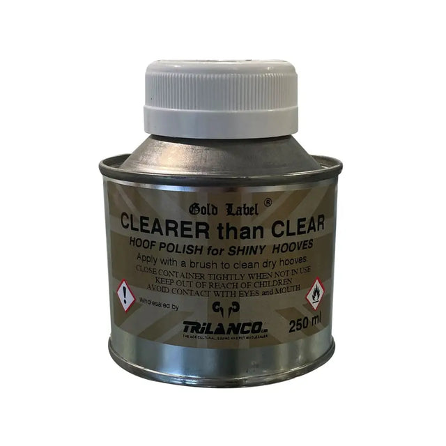 Silver metal can with white lid labeled gold label clearer rapid drying cosmetic hoof varnish by trilanco for shiny hooves