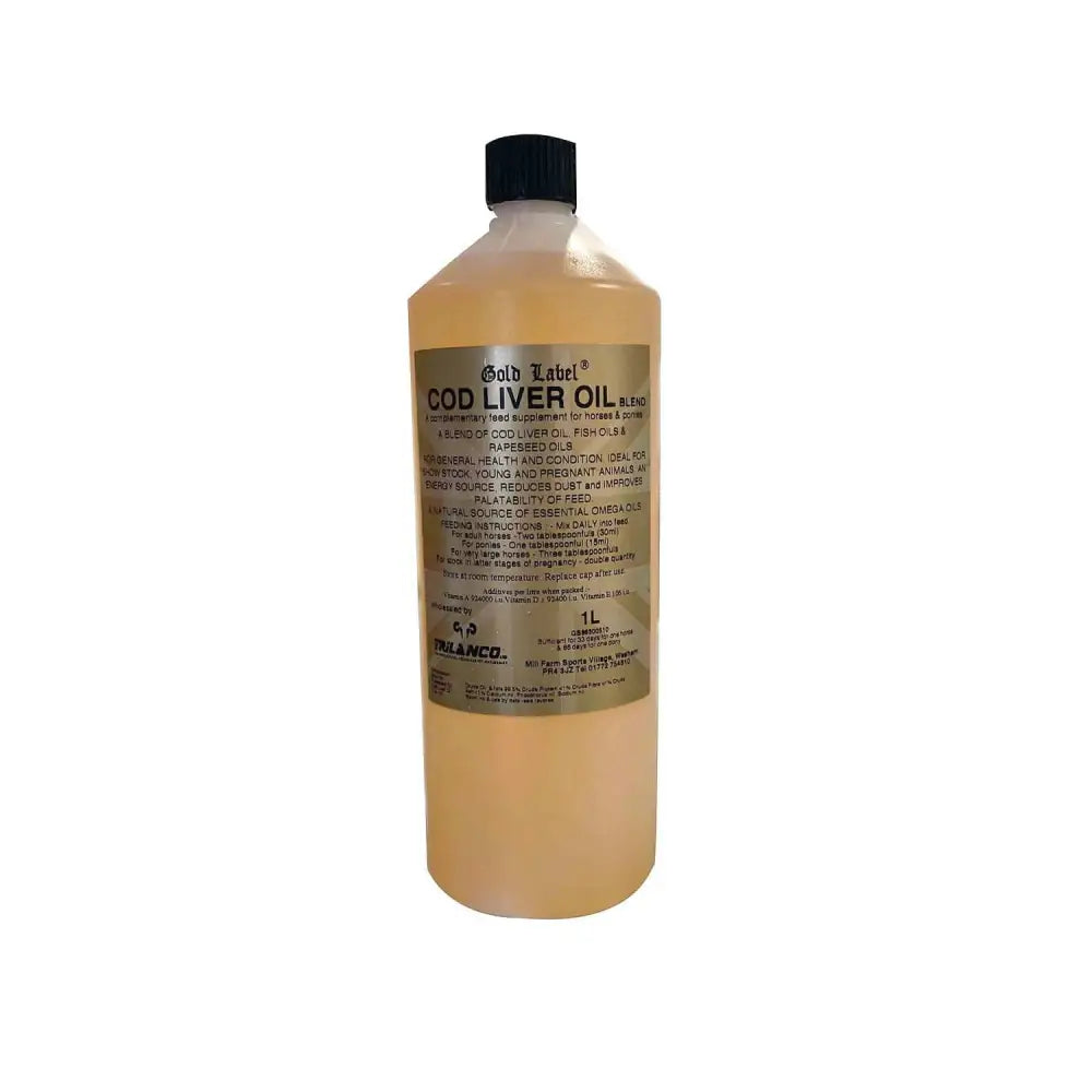 A 1 liter transparent plastic bottle of golden yellow gold label cod liver oil by inlanco for horses with a black cap