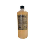A 1 liter transparent plastic bottle of golden yellow gold label cod liver oil by inlanco for horses with a black cap