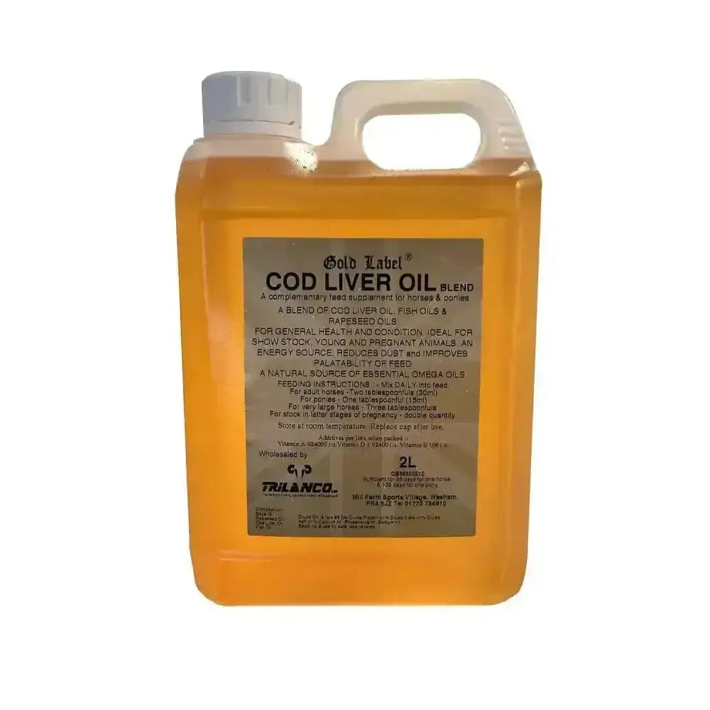 A 2-liter translucent plastic jug of amber gold label cod liver oil with white cap and handle for easy carrying marine oils