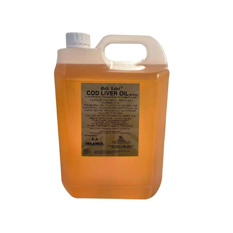 A 5-liter translucent plastic jug of gold label cod liver oil with white cap and handle for marine oils use