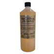 A 1-liter bottle of gold label cod liver oil with garlic featuring a beige label black text and black cap for marine oils use