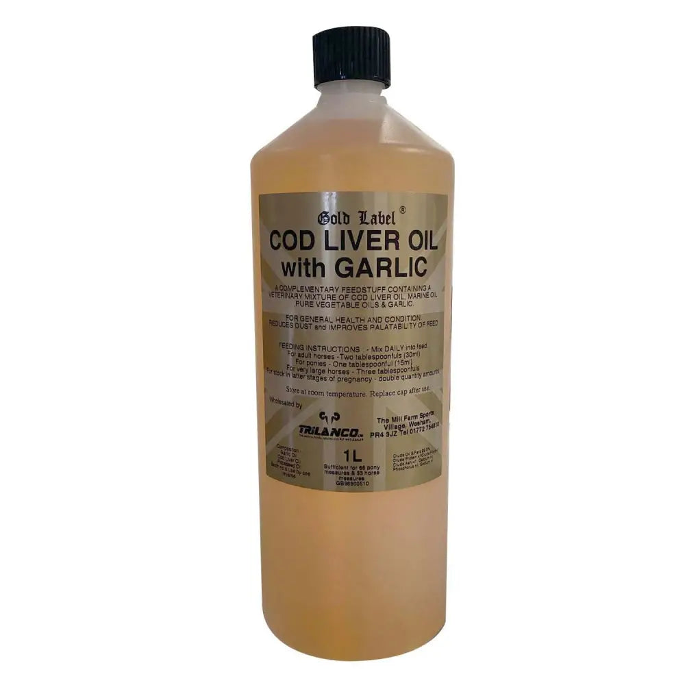 A 1-liter bottle of gold label cod liver oil with garlic featuring a beige label black text and black cap for marine oils use