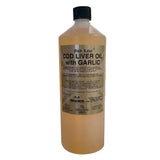 A 1-liter bottle of gold label cod liver oil with garlic featuring a beige label black text and black cap for marine oils use