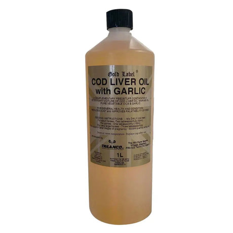 A 1-liter bottle of gold label cod liver oil with garlic featuring a beige label black text and black cap for marine oils use