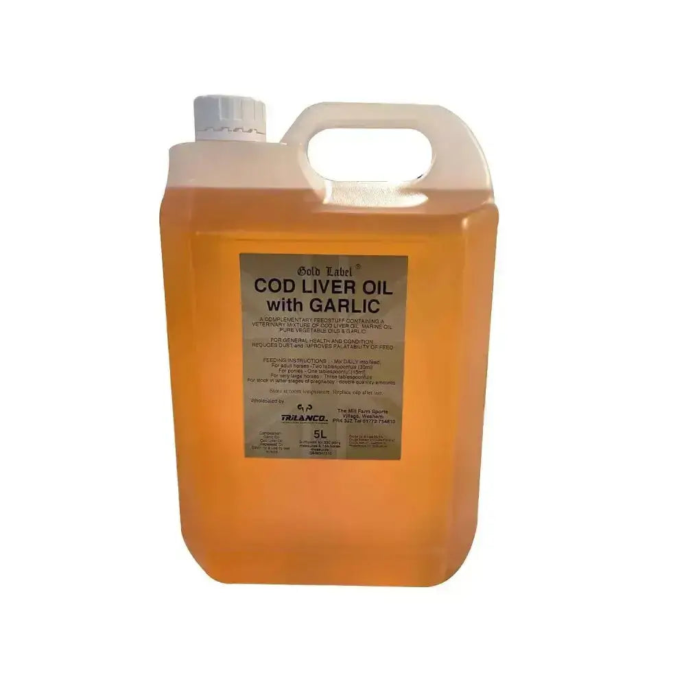 A 5-liter jug of gold label cod liver oil with garlic featuring a white plastic handle and amber marine oils liquid