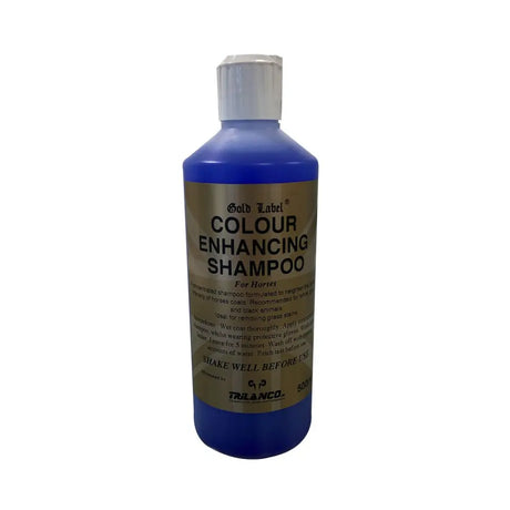 Blue plastic bottle of gold label colour enhancing shampoo for horses 500ml concentrated blue shampoo formulated