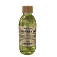 A clear glass bottle with bamboo cap containing trilanco gold label comfrey oil for horse care comfrey oil use