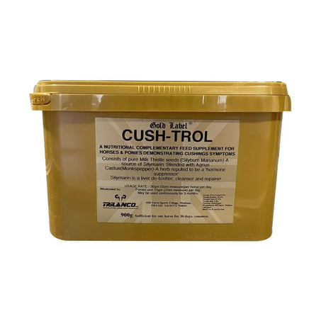 Gold label cush-trol 900g yellow plastic container with milk thistle seeds for ponies demonstrating cushing’s symptoms