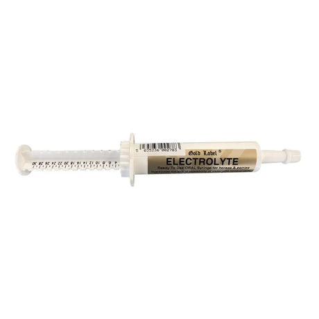 Gold label electrolyte oral convenient syringe in white plastic with beige label and black printed text