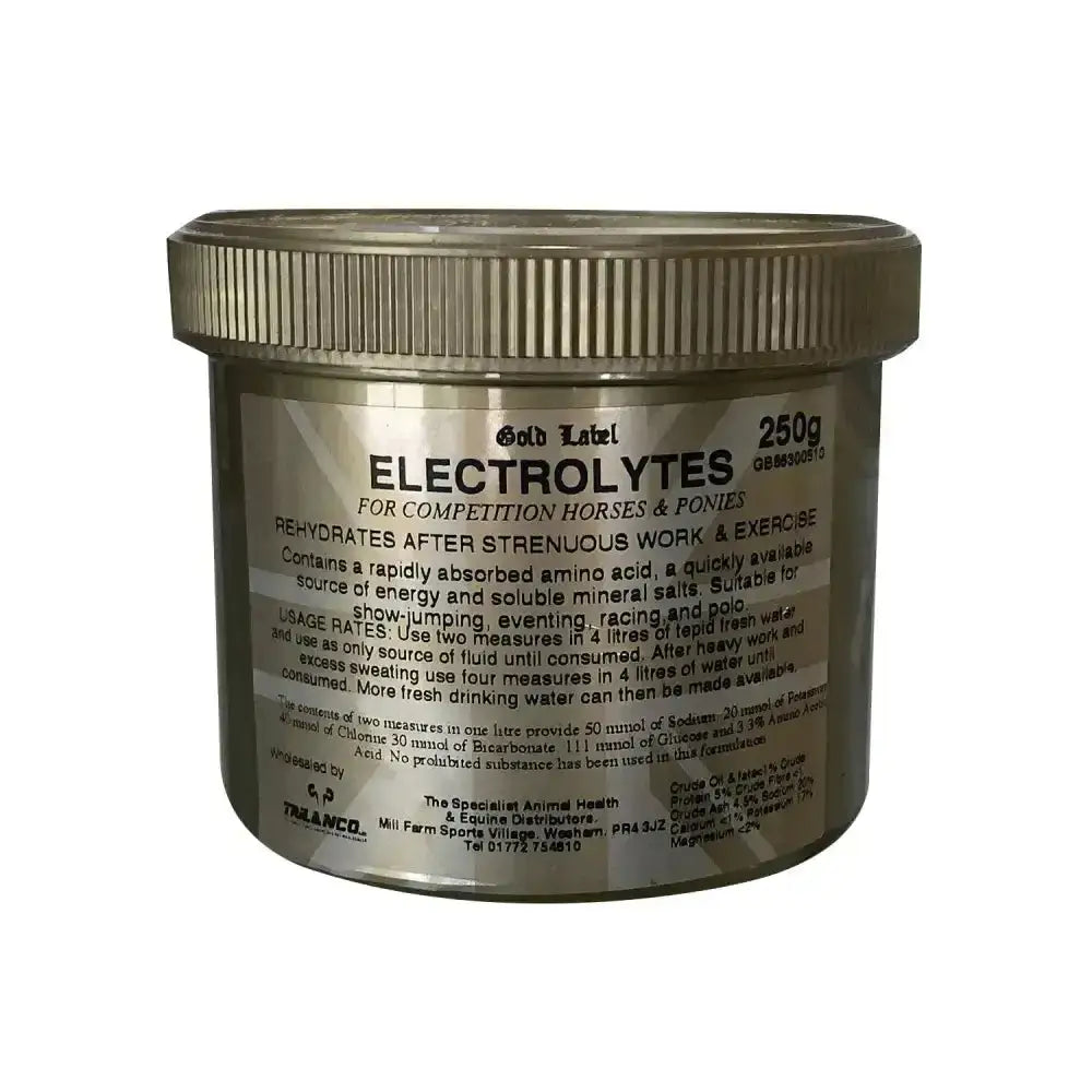 Gold label electrolytes horse electrolytes powder in metallic gold container with ribbed lid for competition horses