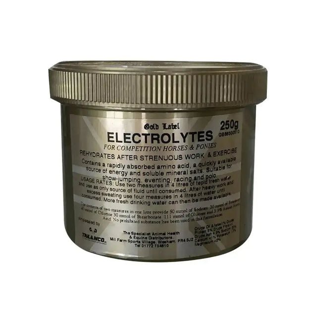 Gold label electrolytes horse electrolytes powder in metallic gold container with ribbed lid for competition horses