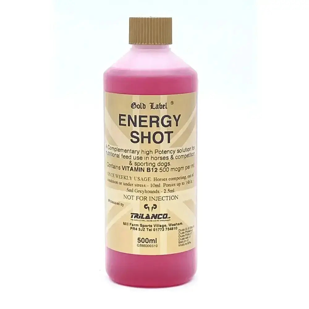 Pink plastic gold label energy shot bottle by trilanco with gold cap and beige label featuring concentrated vitamin b12