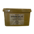 Olive-green plastic container of gold label epsom commercial grade 2.5kg labeled for animal use only