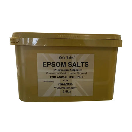 Olive-green plastic container of gold label epsom commercial grade 2.5kg labeled for animal use only