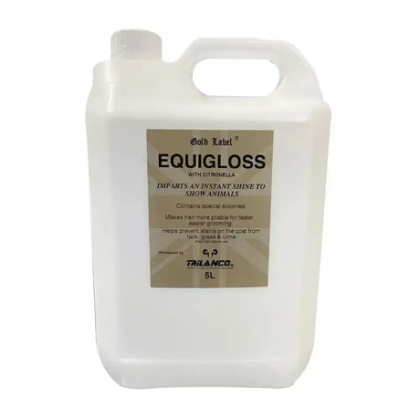 White plastic jug of gold label equigloss with citronella 5l for instant shiny coat that helps prevent stains