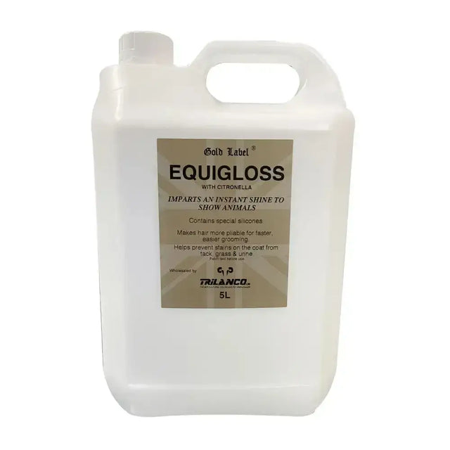 White plastic jug of gold label equigloss with citronella 5l for instant shiny coat that helps prevent stains