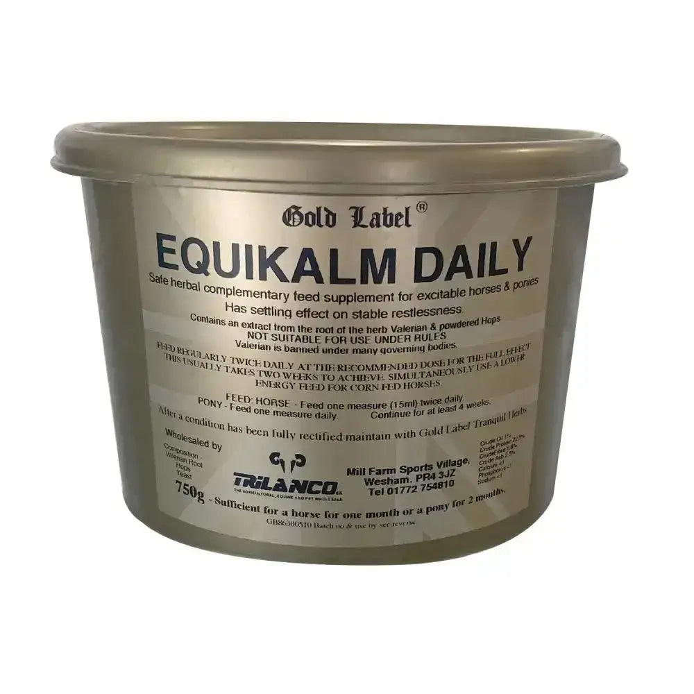 750g metallic silver container of gold label equikalm daily non-sedating herbal supplement for horses and ponies