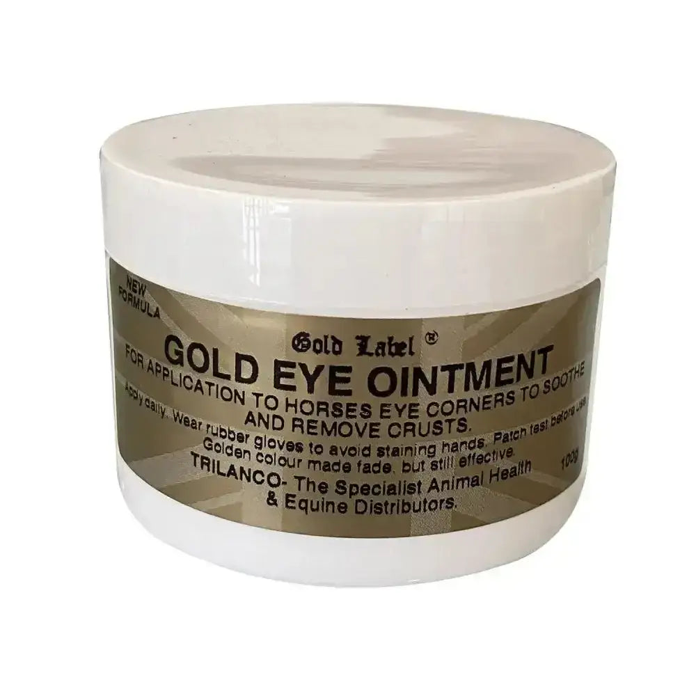 White plastic jar of gold label gold eye ointment with beige label used to remove crusts on horse eyes