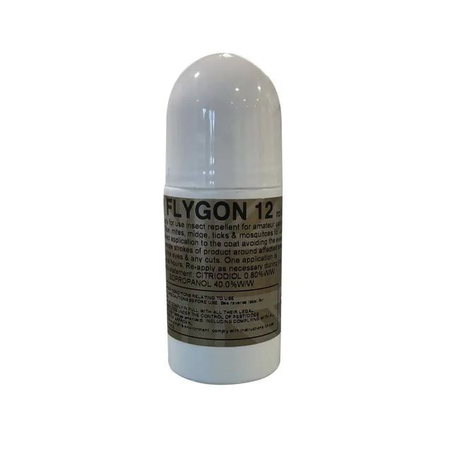 White cylindrical roll-on insect repellent labeled gold label flygon 12 with dark label quick acting gel traditional deet