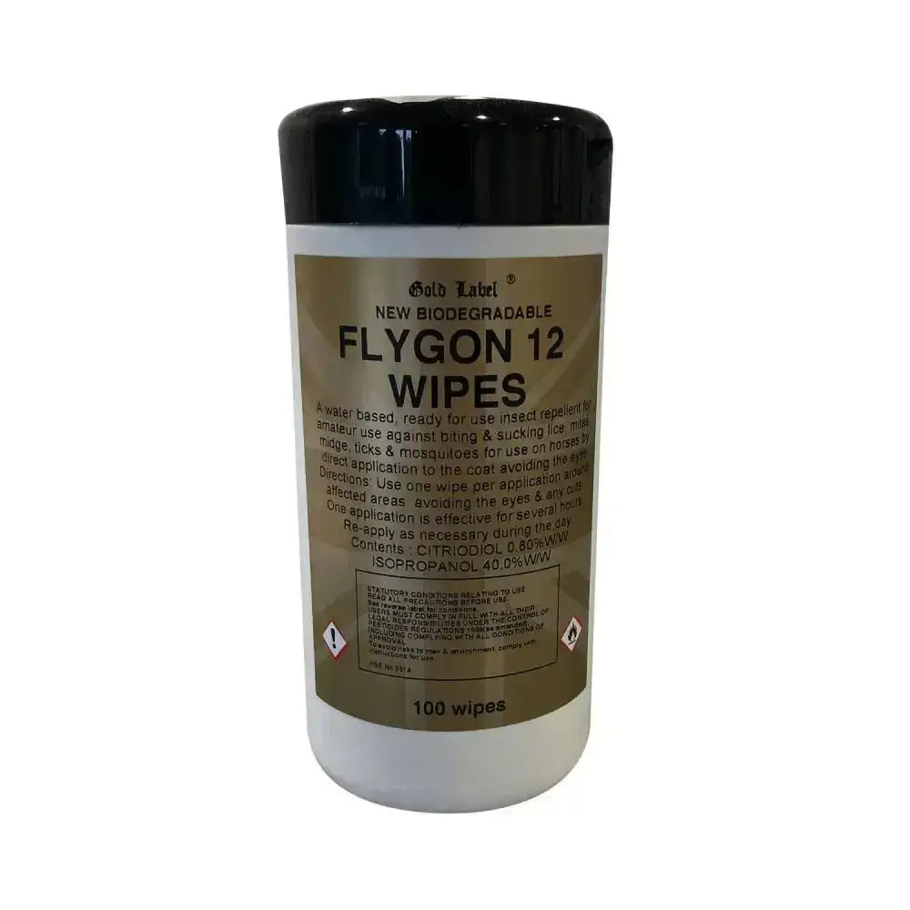 Gold label flygon biodegradable fly wipes container with black lid white body and gold label for quick acting gel use