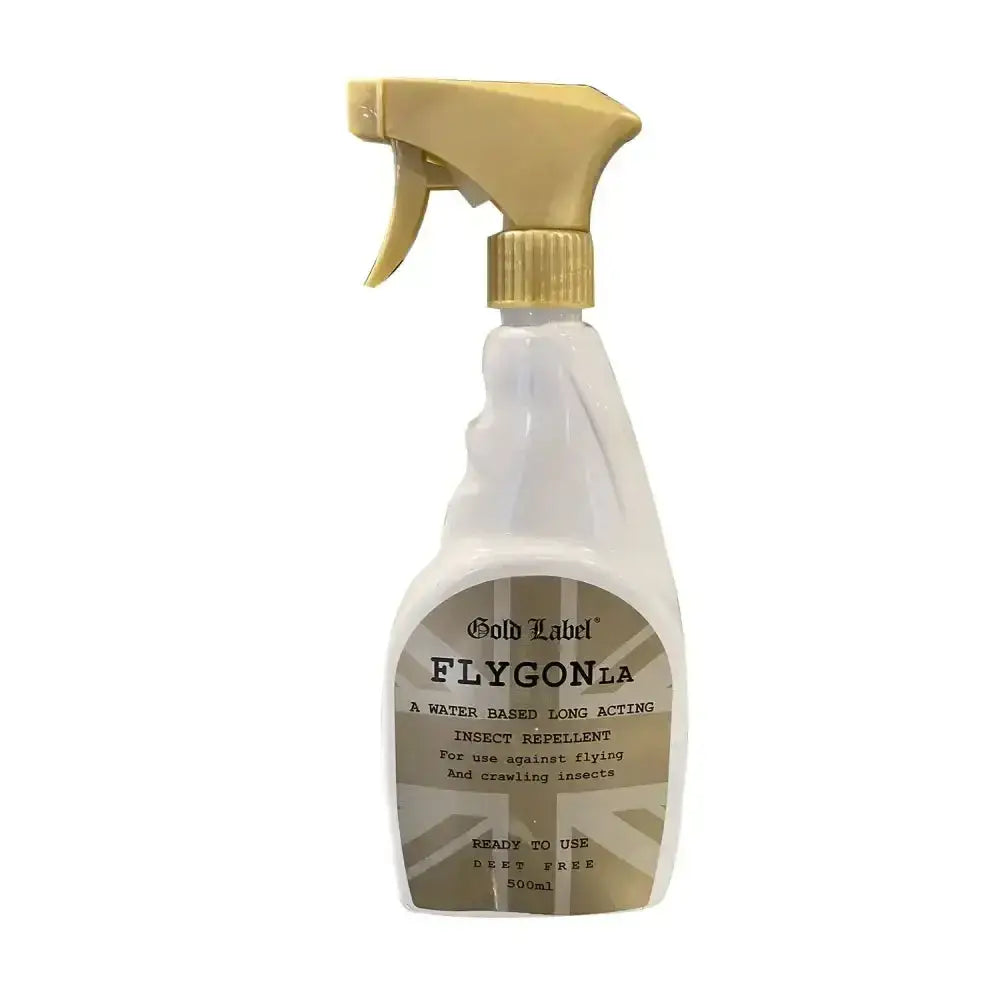 Gold label flygon la insect repellent spray in clear bottle with gold trigger special long acting and water-based formula