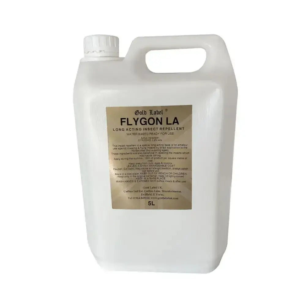 White plastic jug with handle and cap labeled gold label flygon special long acting insect repellent on beige label
