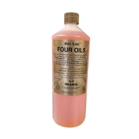 A 1-liter translucent pink bottle of gold label four oils with gold cap and beige label featuring evening primrose oil and linolenic acid